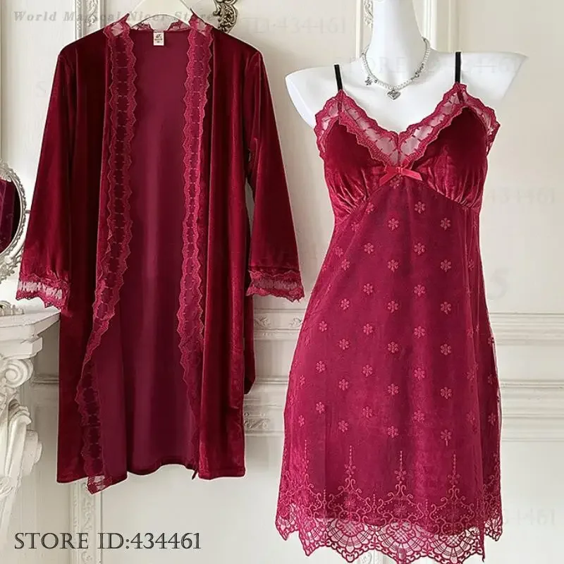

Autumn Winter New Velvet Female 2Pcs Robe Nightgown Set Sleepwear Sexy Patchwork Lace Nightdress Home Clothes Velour Lounge Wear