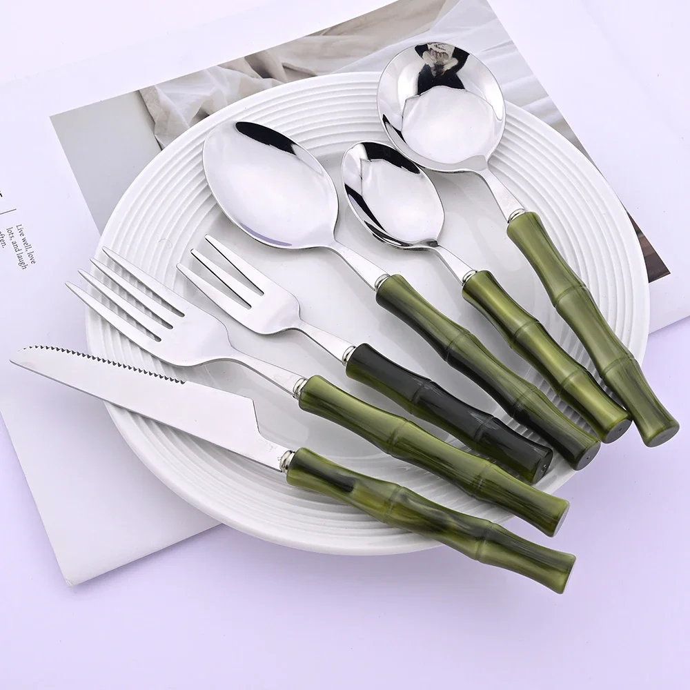 1Pc Green Imitation Bamboo Handle Knife Fork Spoon Dinnerware Cutlery Set  Kitchen Flatware 304 Stainless Steel Tableware Set