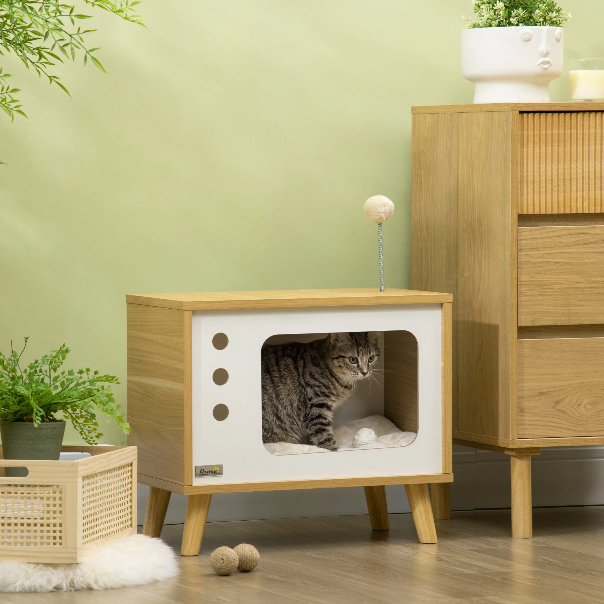 Pawhut Cama Cueva de Gatos Estilo Televisor con Cojín 50x28x43 cm