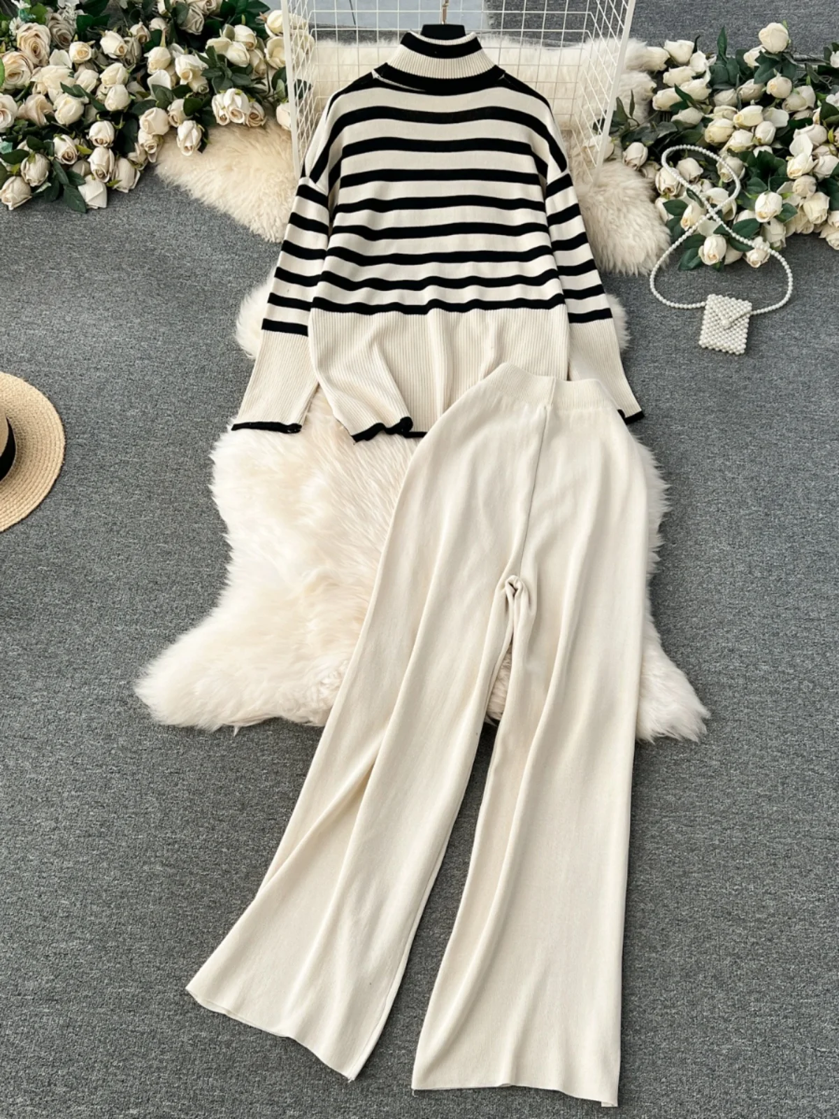 Conjunto de duas peças de moda de inverno descontraído de malha com gola alta trada calças largas combinando estilo retrô ...