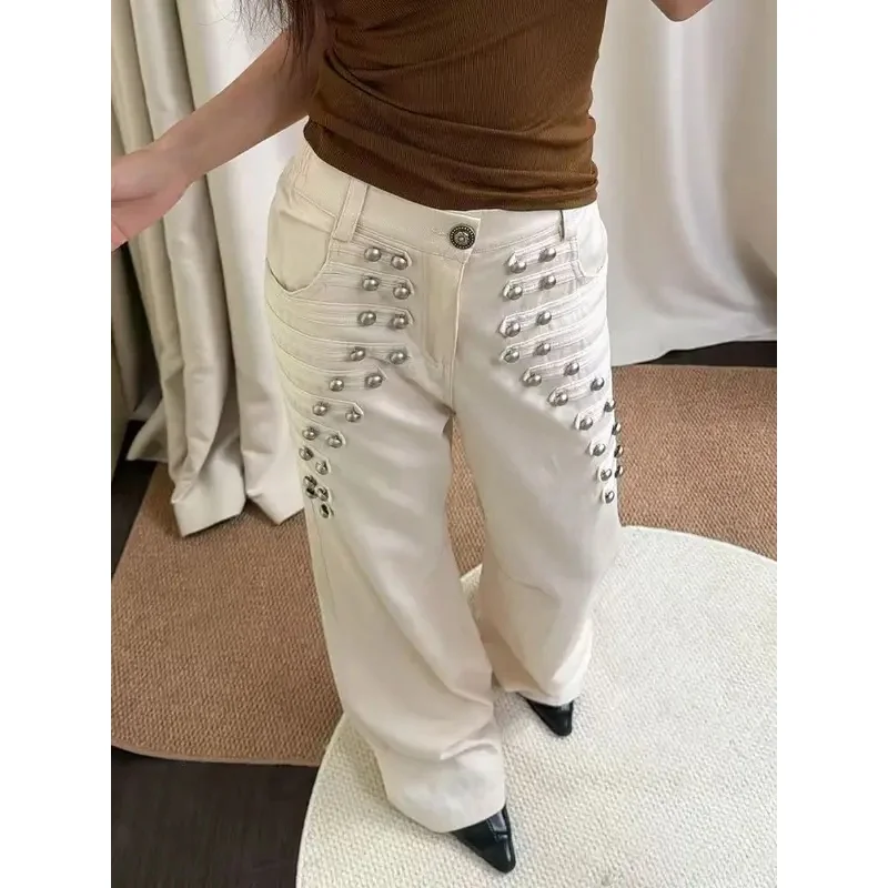 Fashion Street Metal Buckle Patchwork Jeans Women American Retro Y2K Low Waist Baggy Wide Leg Denim Pants Hip-Hop Casual Jeans