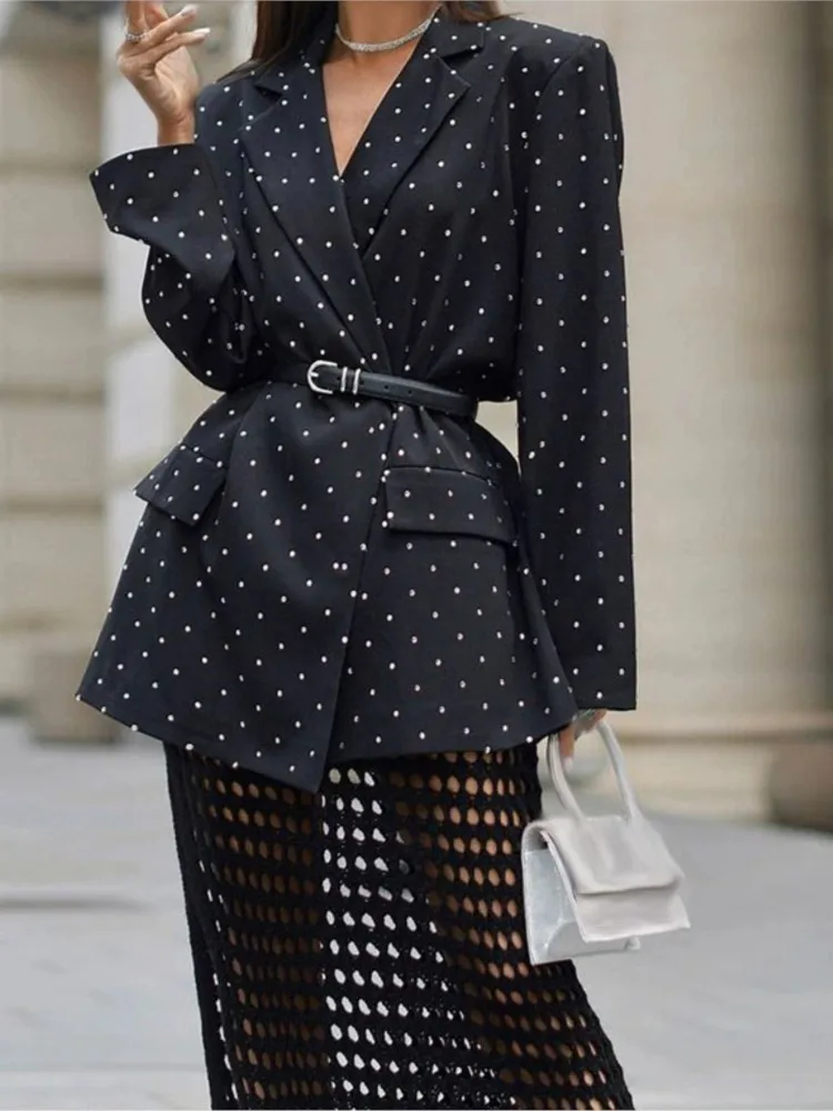 

Fashion Polka Dot Suit Coat For Women Elegant Long Sleeve Turn-down Collar Button Sashes Coats Tops Lady Holiday Office Clothes