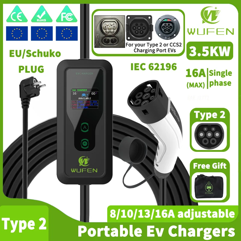 WUFEN EV Charger Type 2 16A 3.5kW Portable Charging Box 5M Cable EU Plug 220V Type 2 Car Charger for IEC 62196 Electric Vehicle