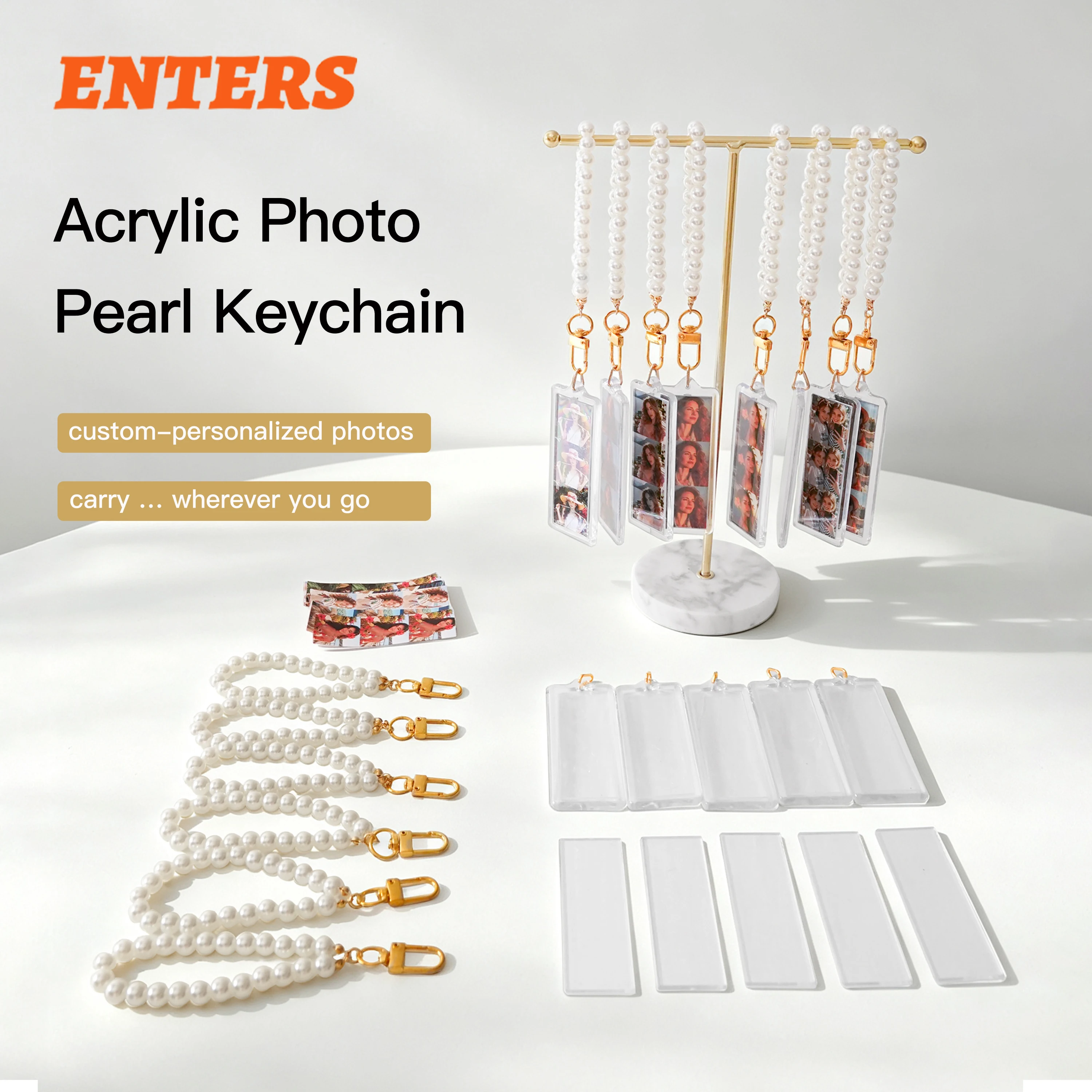 Acrylic Photo Pearl Keychain Supplies 25X75mm Rectangle Hot Selling DIY Transparent Picture Frame Keyring Materials