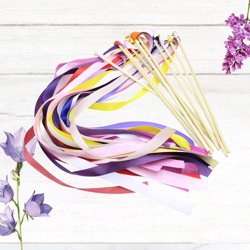 

12Pcs Wedding Ribbon Wands Bells Colorful Fairy Streamers Sticks for Ceremony Party Reception Decor Fairy Ribbon Wands