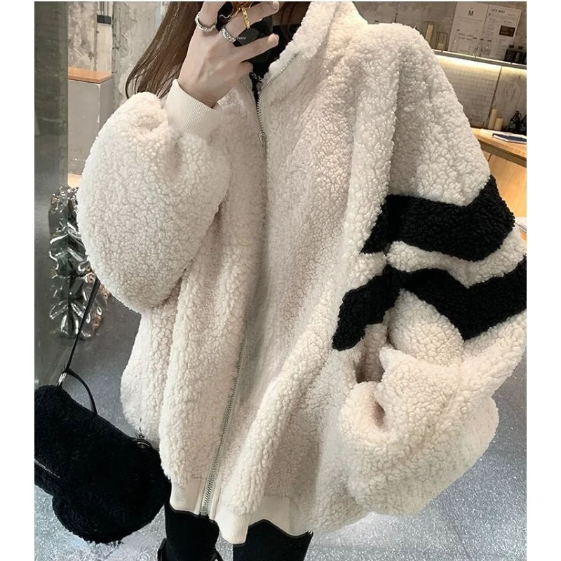 Autumn Winter Women Hooded Jacket Zip Up Street Shirt Coat Imitation Lamb Wool Loose Cardigan Sweater Y2k Clothes