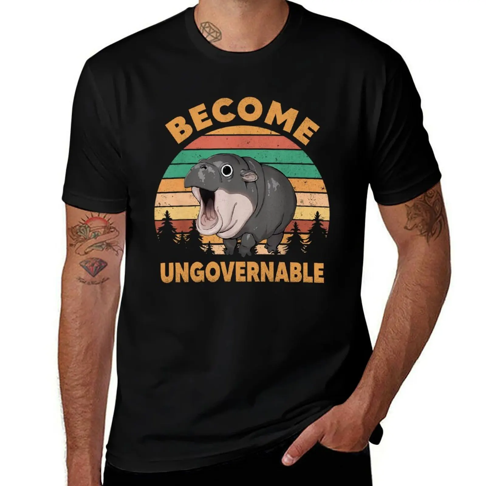Become Ungovernable Moo Deng Baby Pygmy Hippo T-Shirt Non-Shrink Basic Cotton T-Shirt