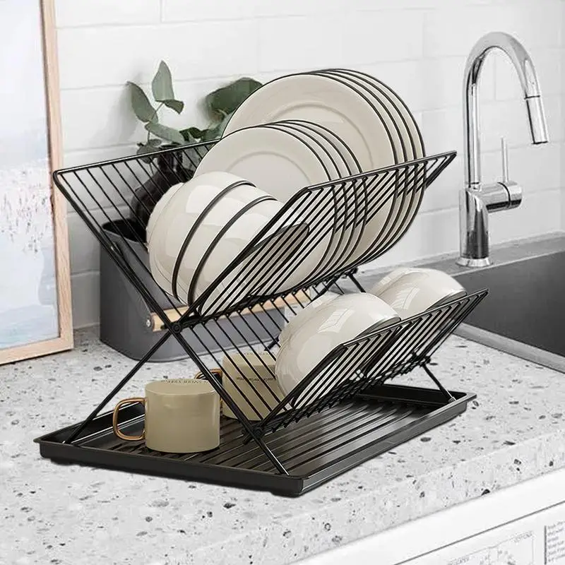 Metal Dish Drying Rack 2 Tier Countertop Dish Drying Rack Carbon Steel/Stainless Steel Detachable Water Catcher Tray Drying Rack