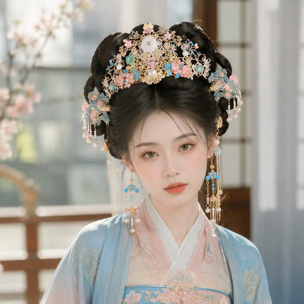 Pastel Pink & Blue Floral Phoenix Crown Hanfu Headdress with Pearl Tassel Chinese Traditional Xiuhe Vintage Bridal Headdress