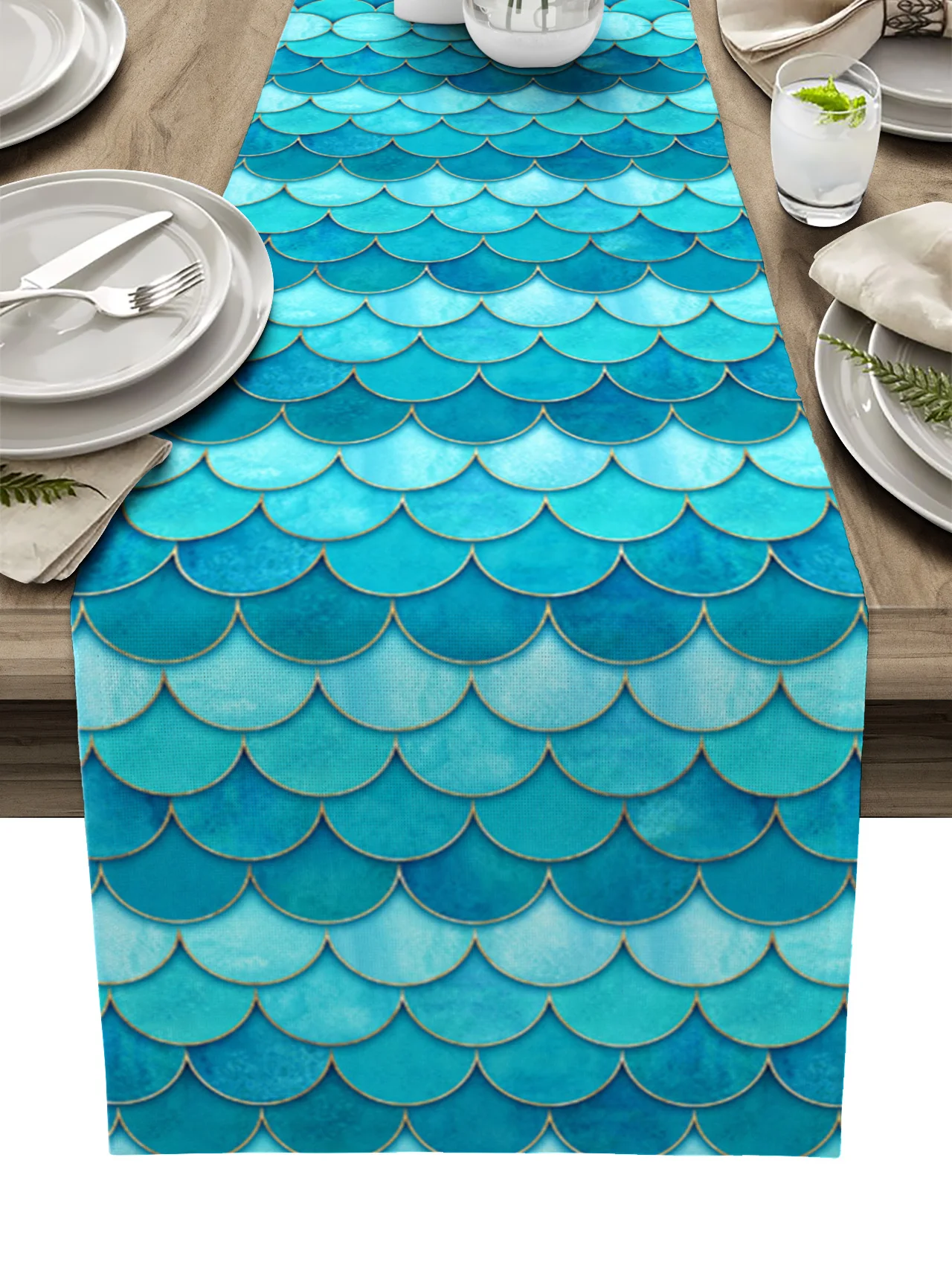 

Gradient Fish Scale Texture Aqua Watercolor Linen Table Runners Kitchen Table Decoration Dining Table Wedding Party Supplies