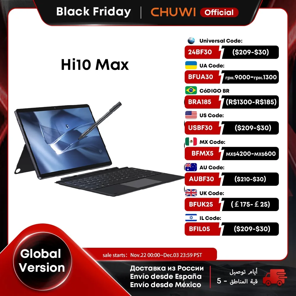 CHUWI Hi10 Max Tablet 2 In 1 كمبيوتر لوحي 12.96 بوصة 3K Display Core N100 كمبيوتر محمول 12 جيجابايت رام 512 جيجابايت ROM Windows 11 أقراص 2.4G/5G WiFi