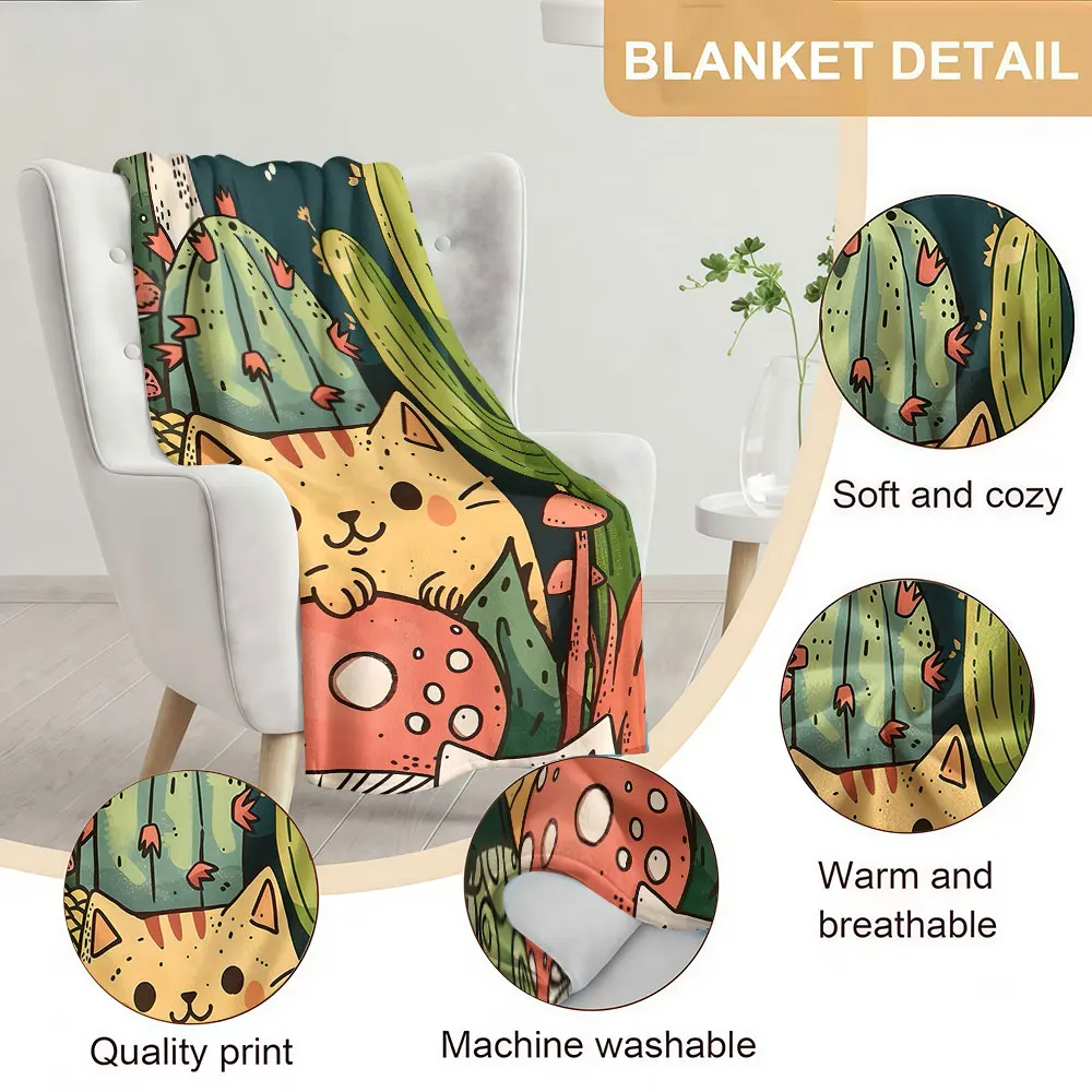 Cartoon Cat Mushroom Cactus Soft Warm Flannel Blanket Lightweight Cozy Christmas Halloween Home Decor Room