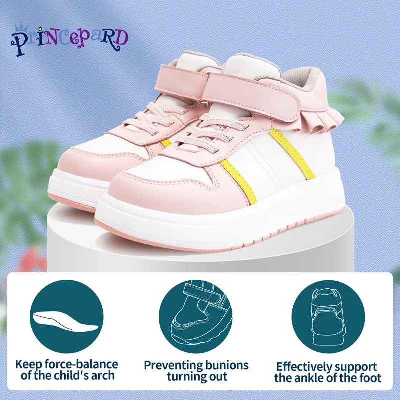 Zapatillas de deporte para niños, zapatos ortopédicos Princepard con soporte para el arco, encaje rosa, decorado para niñas, calzado informal con