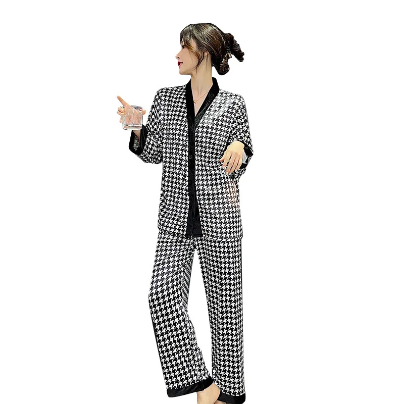 V-Neck Trouser Suits Long Sleeve Cardigan Home Clothes Warm Sleepwear Leopard New Women\'s Pajama Set Fashion Velvet Nightwear