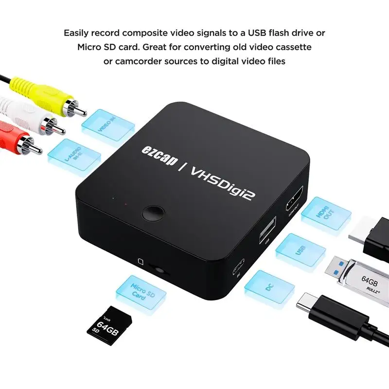 Top CVBS AV Video Capture Card Composite Video Record To TF Card USB U Flash Disk From Old Cassette VHS VCR DVD Player W/ HDMI