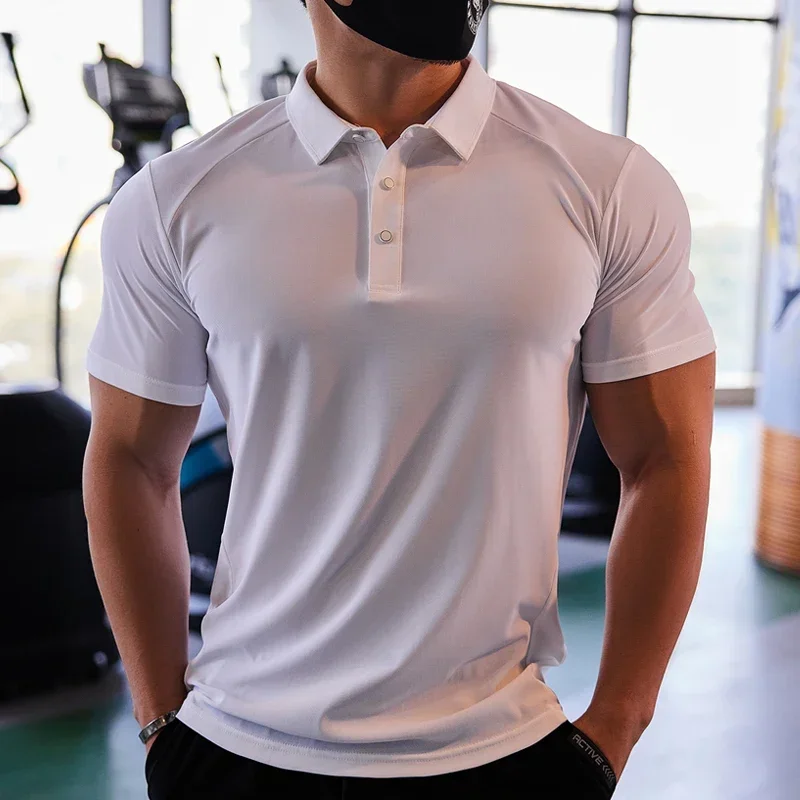 Maglietta a maniche corte attillata da allenamento Fitness da uomo maglietta da Bodybuilding maschile polo sportiva risvolto abbigliamento sportivo