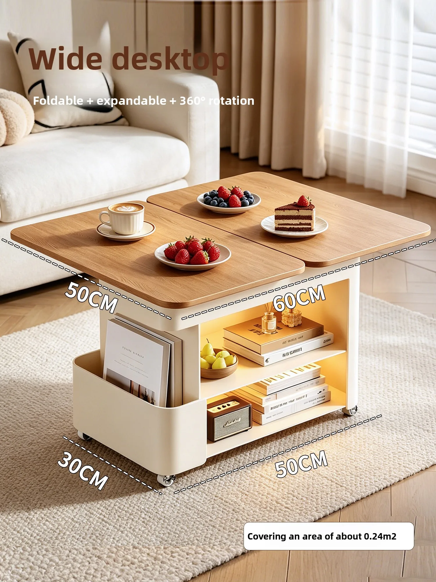 Solid wood folding sofa side few living room home removable coffee table cream wind side advanced feeling cabinet flip table