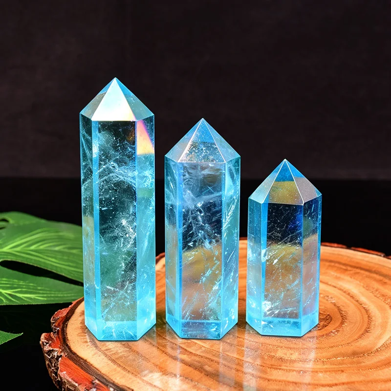 5‑8cm Blue Aura Quartz Crystal Point Tower Hexagonal Prism Natural Healing Crystal Stone Home  Decor Gift