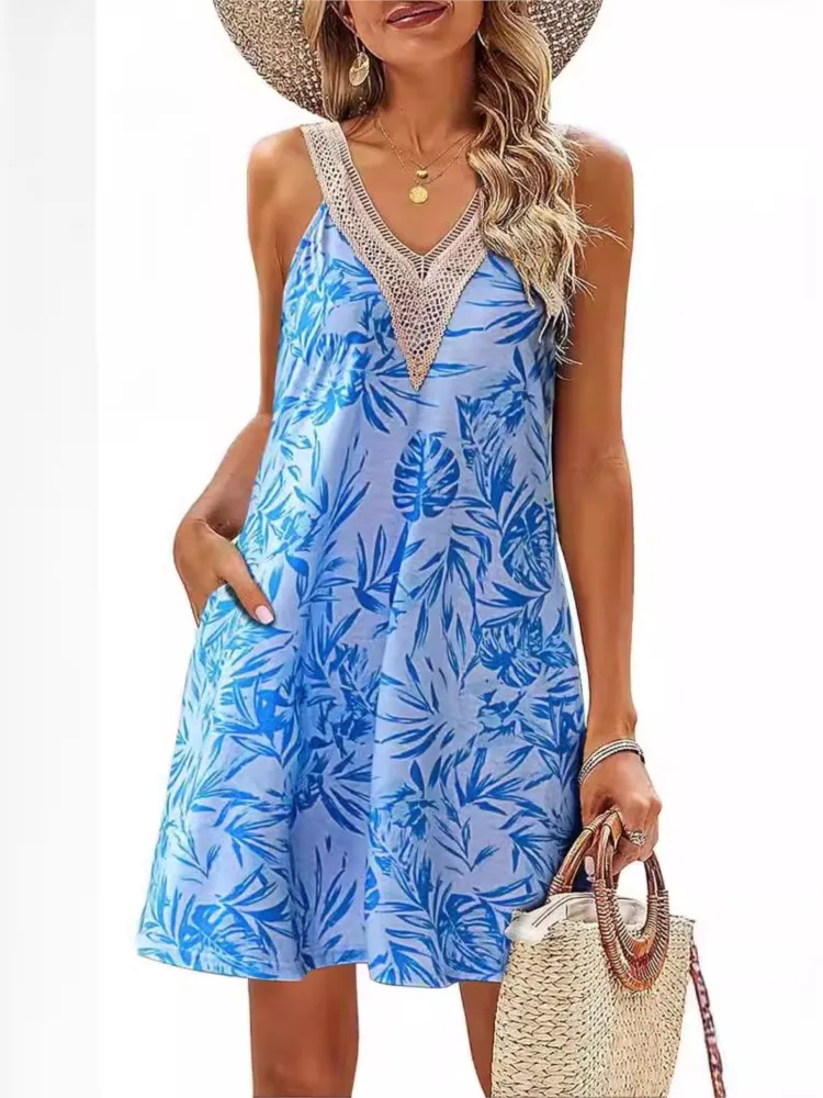 

Women's Summer New Fashionable Hollow Lace Patchwork Print Sexy V-neck Sleeveless Off Shoulder Casual Loose Short Dress