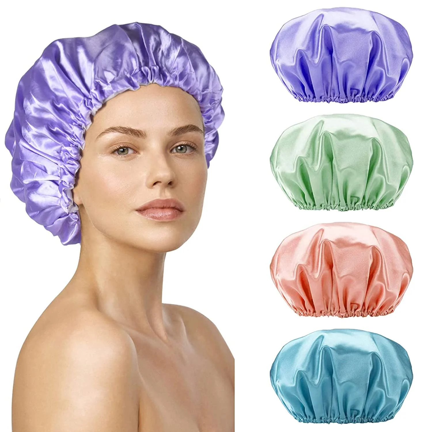  Shower Caps for Women Reusable Waterproof Women Shower Caps Reusable EVA Hair Cap for Shower Double Protection Layers Elastic