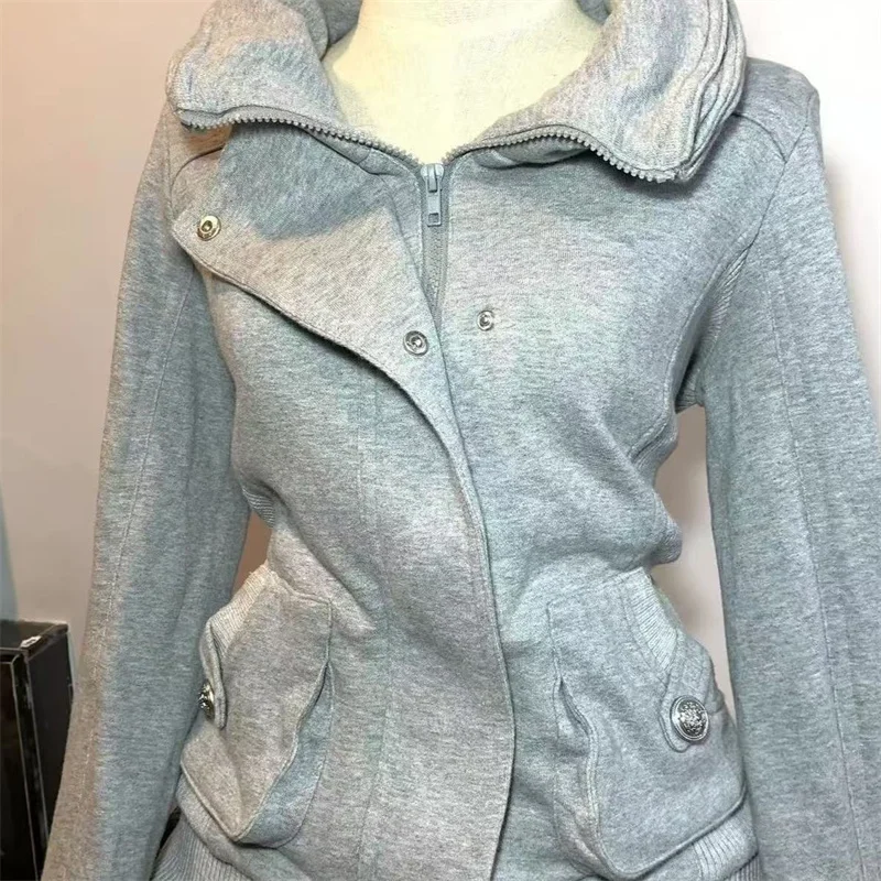 2026 American Retro Gray Hoodie For Women With Vintage Design High-End And Fashionable Versatile Hoodie Temperament Socialite