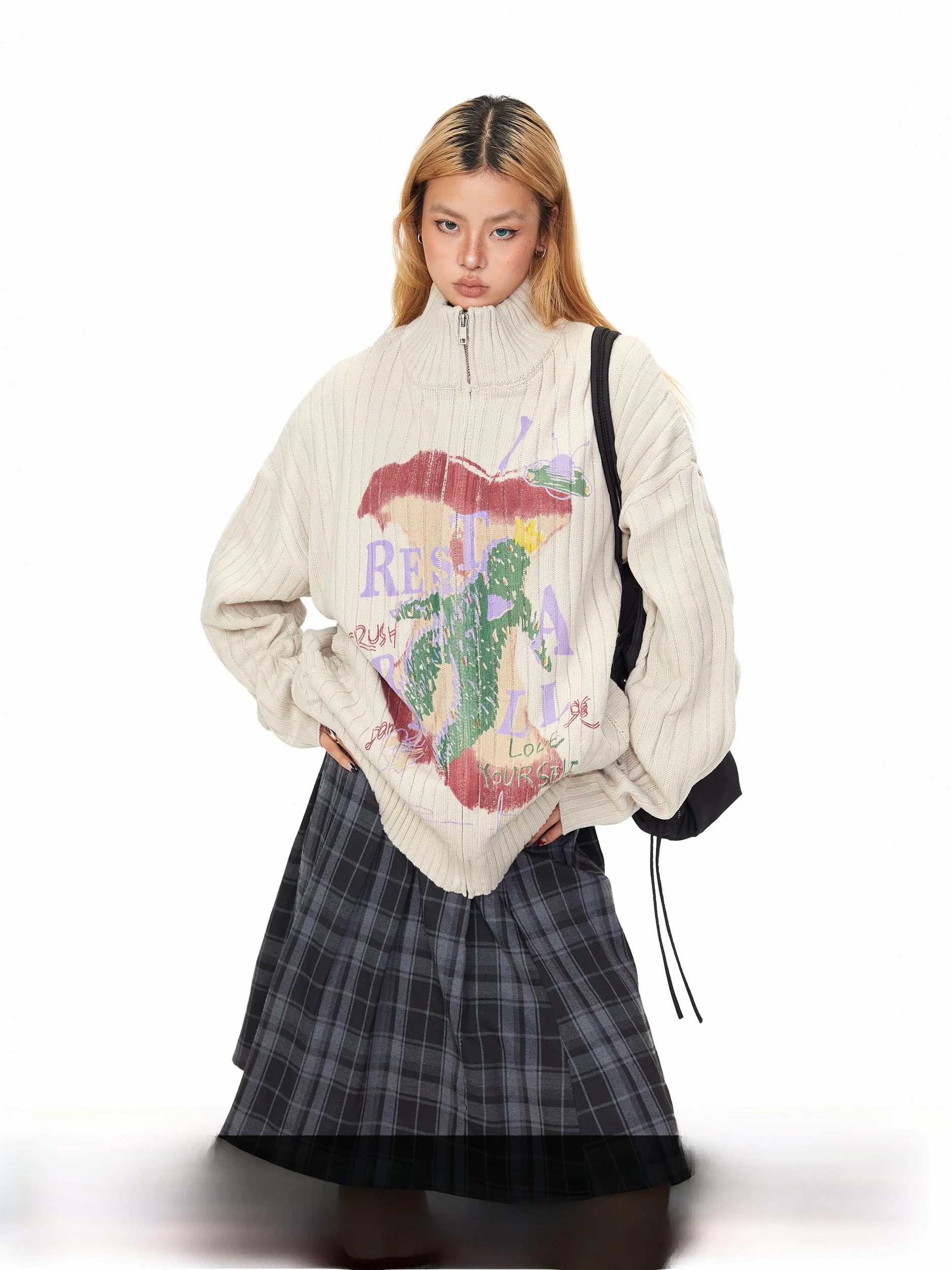 

Женский свободный вязаный кардиган Blabb Fun Cartoon с молнией и воротником-стойкой, с длинными рукавами, осенне-зимний, в американском стиле