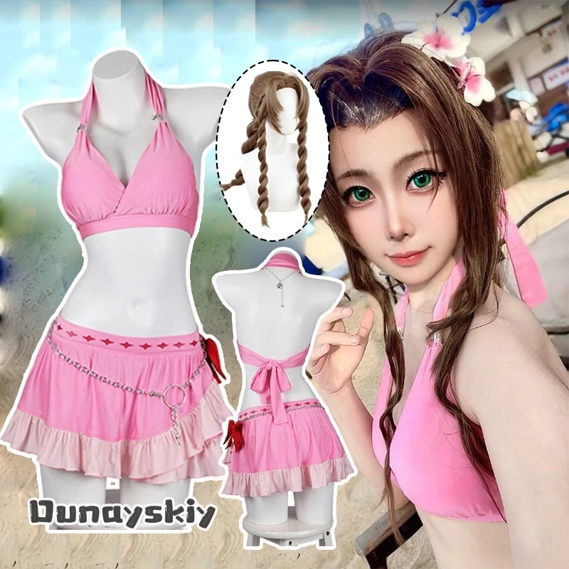 Disfraz de traje de baño FF7 Aerith {NinoNiko Cosplay} traje de baño Halter para mujeres y niñas conjunto de Bikinis con volantes 7 renacimiento disfraz de Halloween