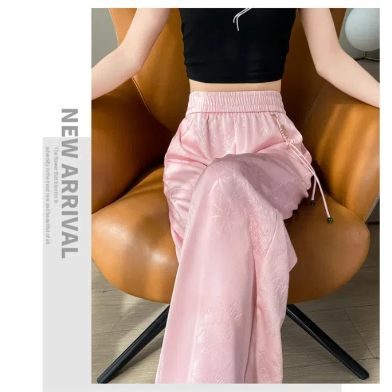 New Chinese Jacquard Satin Wide Leg Pants Summer High Waist Pendant Tassel Ice Silk Straight Leg Pants Trendy