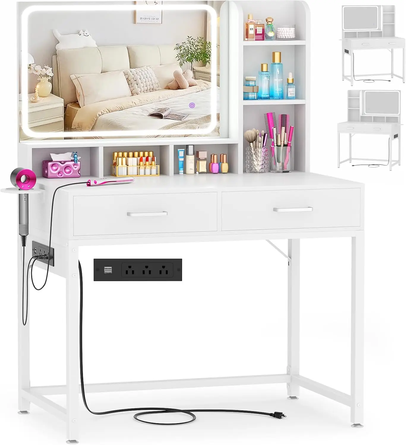 White Small Makeup Vanity Desk for Bedroom with Mirror, Lights, Power Strip, Drawers, Shelves and Adjustable Lighting