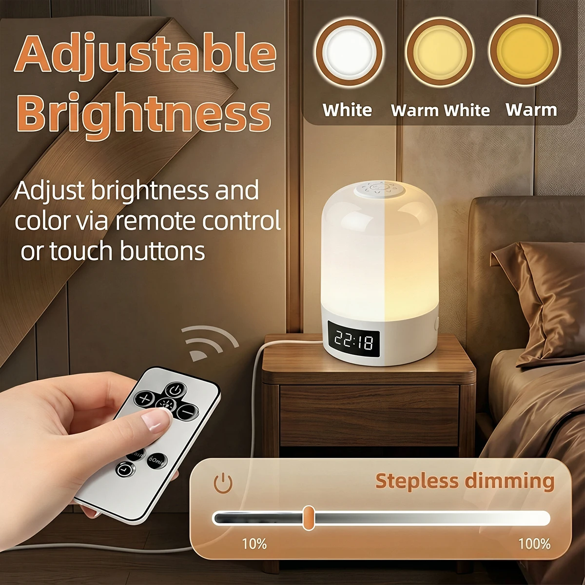 LED Touch Bedside Night Light Remote Control Stepless Dimming 3 Color Modes Timer Digital Clock Table Lamp for Home Bedroom Dorm