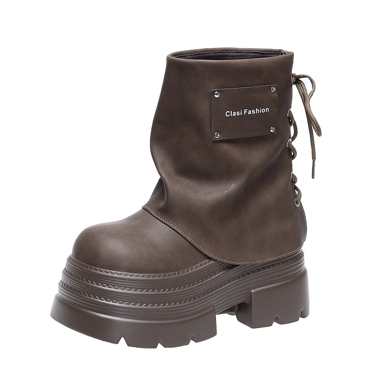 10CM Women Chunky Motorcycle Boots Autumn Hidden Heels Leather Sneakers Winter Waterproof Snow Boots High Platform Short Boots