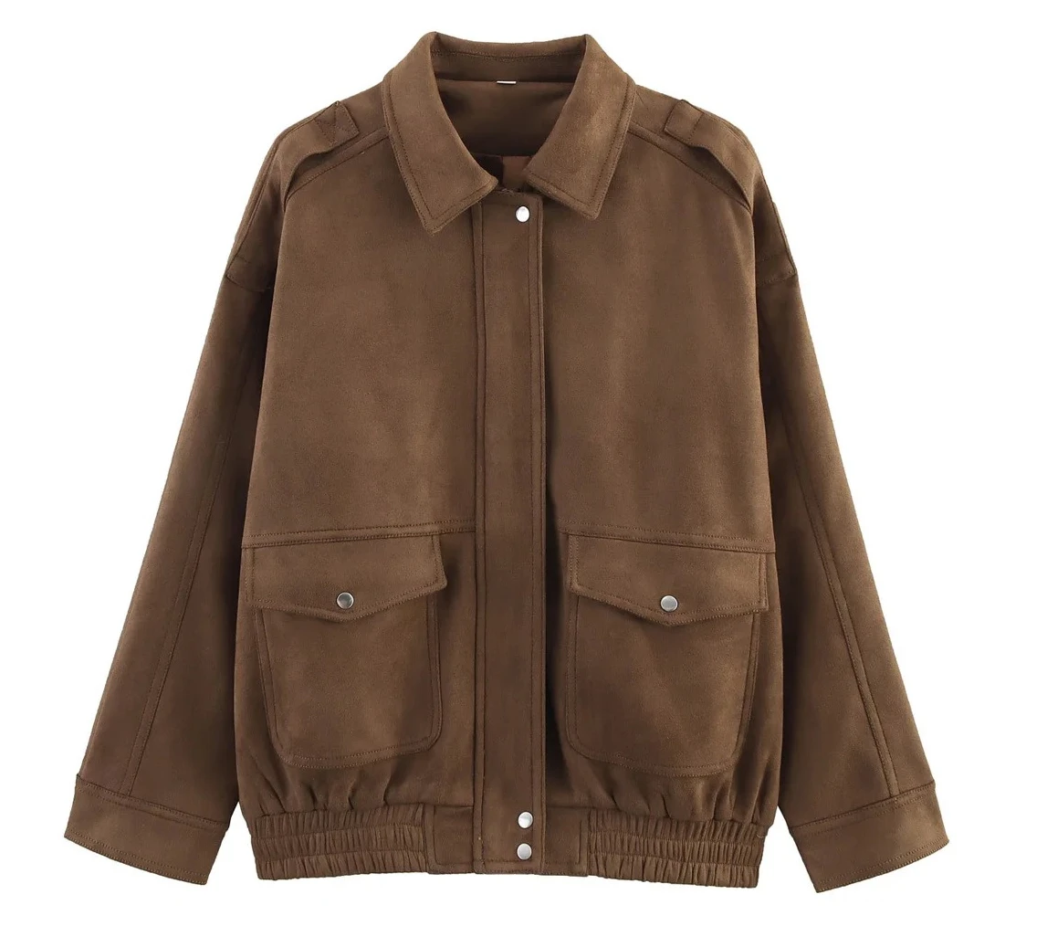 

Bomber Jackets Women Loose Lapel Zipper Long Sleeve Pockets Female Coats Autumn Lady Commute Outwear New