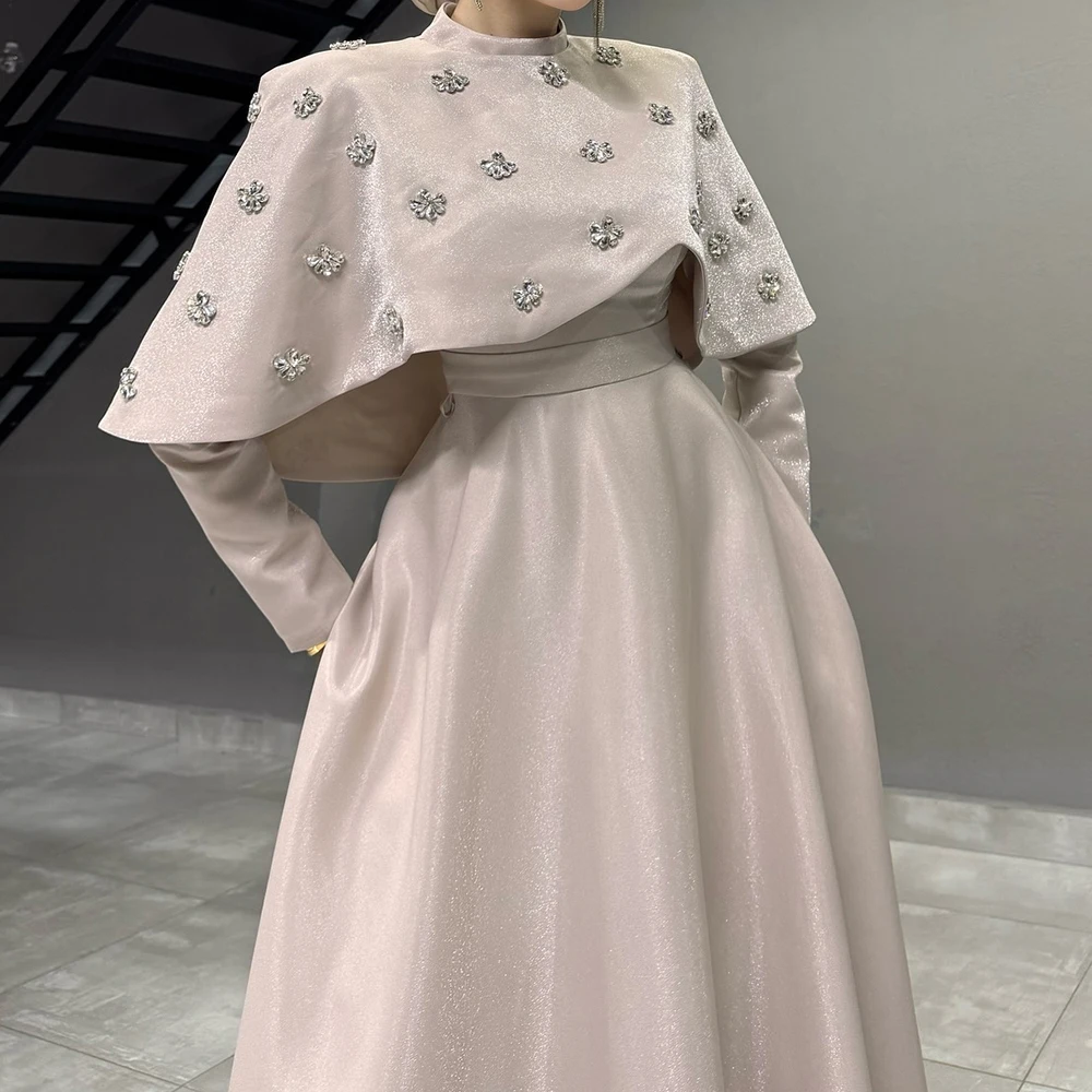Customized A-line Evening Dresses Floor-length High-neck Full Sleeve Prom Gown Fashion Crystal Stole Simple Draped Party Gown image 2