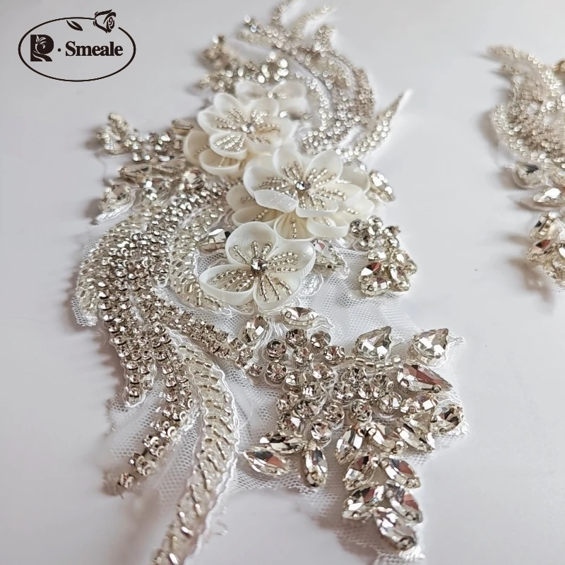 Rhinestone Appliques for Wedding Dress, Shoulders, Off White, Hand-sewn, Glass Drill, Mirror Flowers, Sparkling, DIY Patch, 1Pai