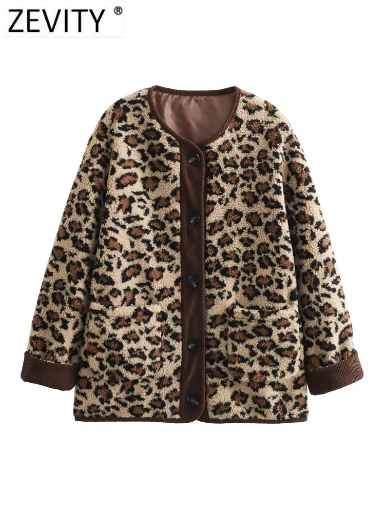 ZEVITY 2023 Women Vintage O Neck Leopard Printed Lamb Fur Jacket Female Outerwear Chic Double Pockets Buttons Coat Tops CT5724