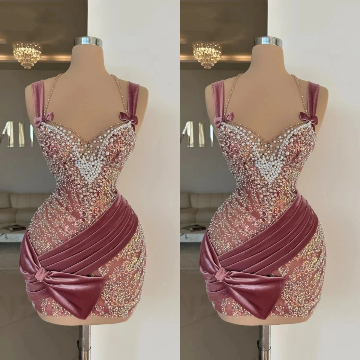 

Luxury Women Mini Evening Dresses Sweetheart Neck Sleeveless Gown Sequins Pearls Bow Short Dress For Party Custom Made