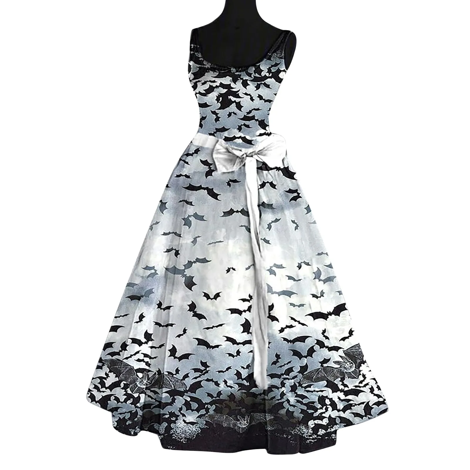 

Ladies' Halloween Bat Print Casual Party Sexy Sleeveless Dresses With Crew Neck Women'S A-Line Tie Belt Corset Floor-Length Maxi