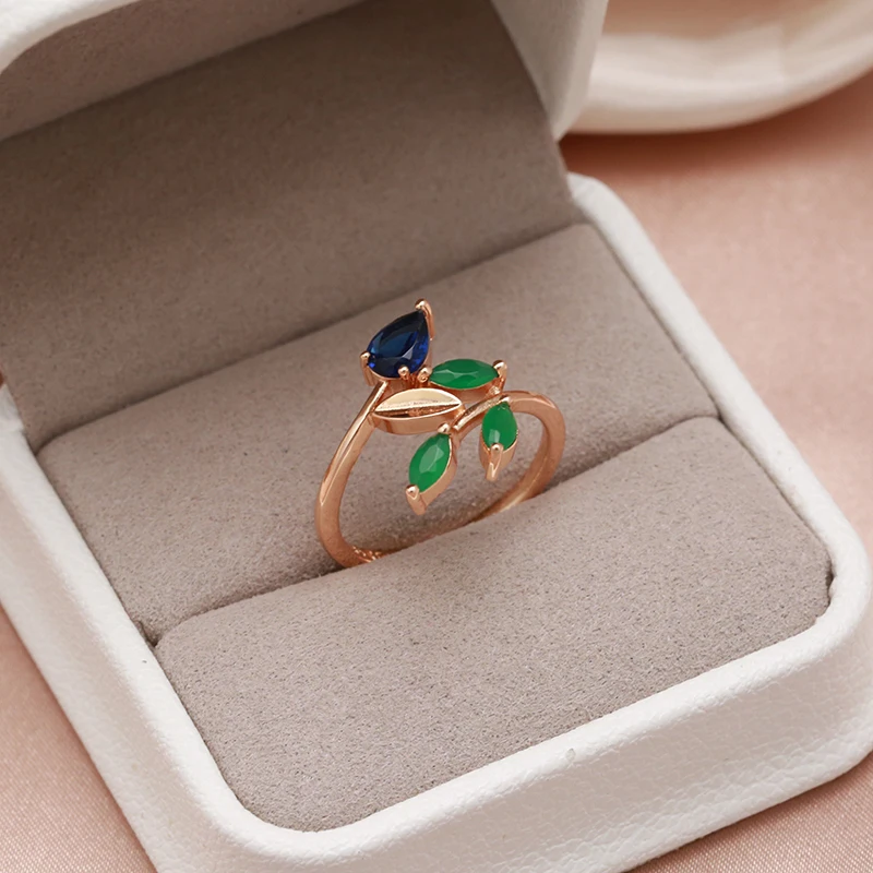 SYOUJYO Green Leaf Zircon Rings For Women Copper Fine Jewelry