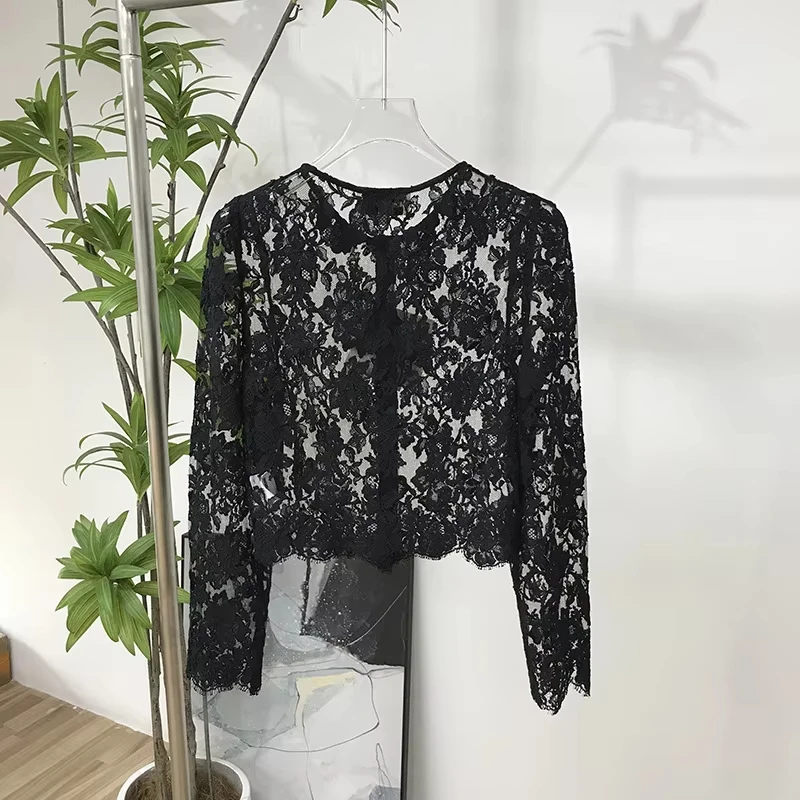 White short lace see-through jacket temperament hundred hundred bead decoration round neck long-sleeved women's top 2024 new