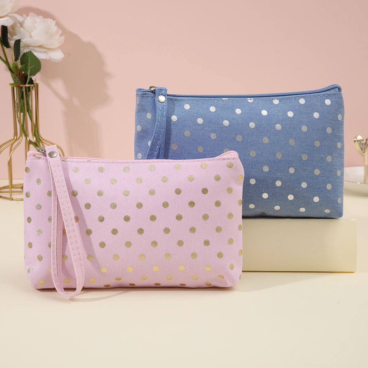 

Casual Hand Carry Cosmetic Bag Waterproof Canvas Wavelet Dot Wash Storage Pouch