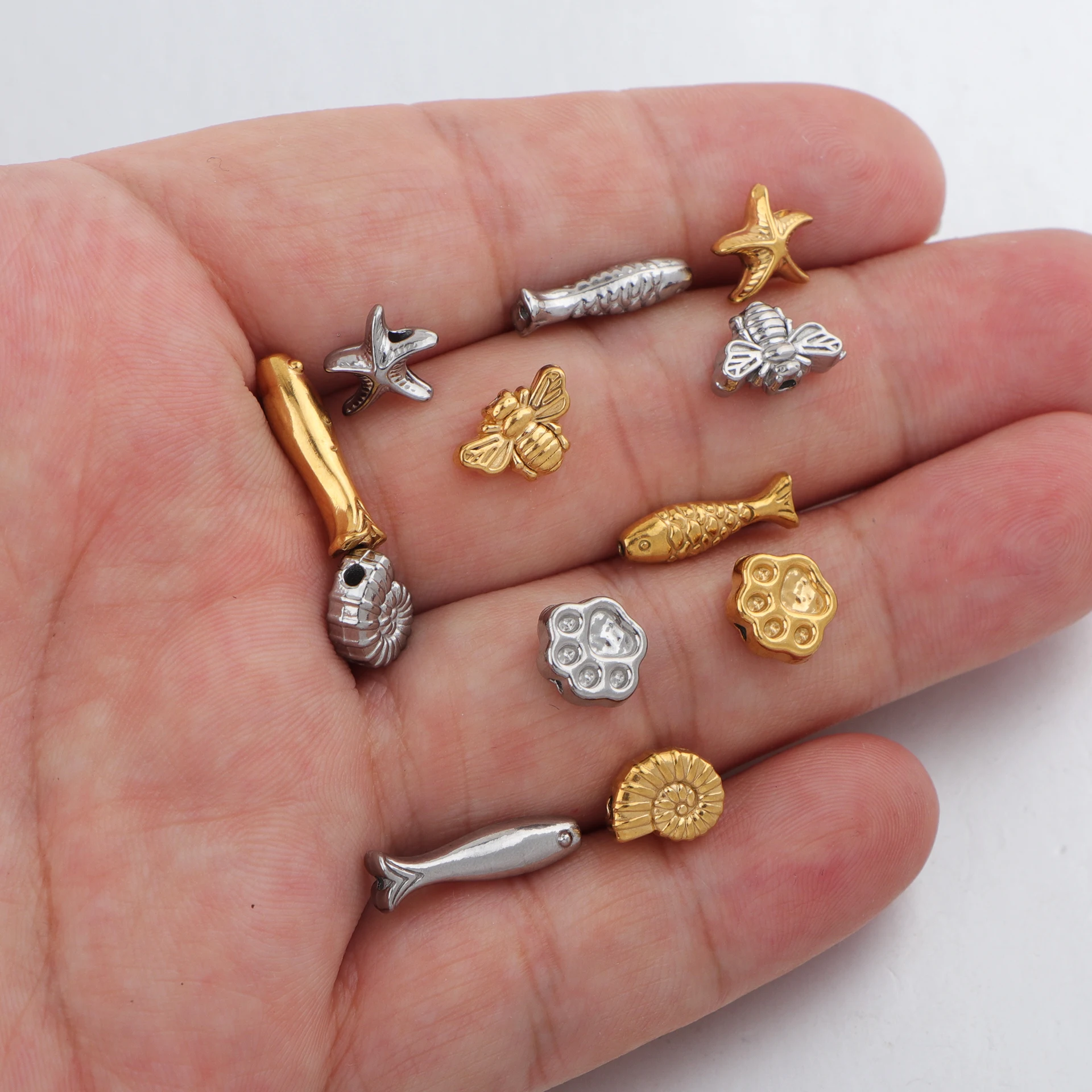 

20pcs/lot Stainless Steel Fish Conch Bee Dog Claw Starfish Bead Charms Pendant for DIY Necklace Bracelet Jewelry Making