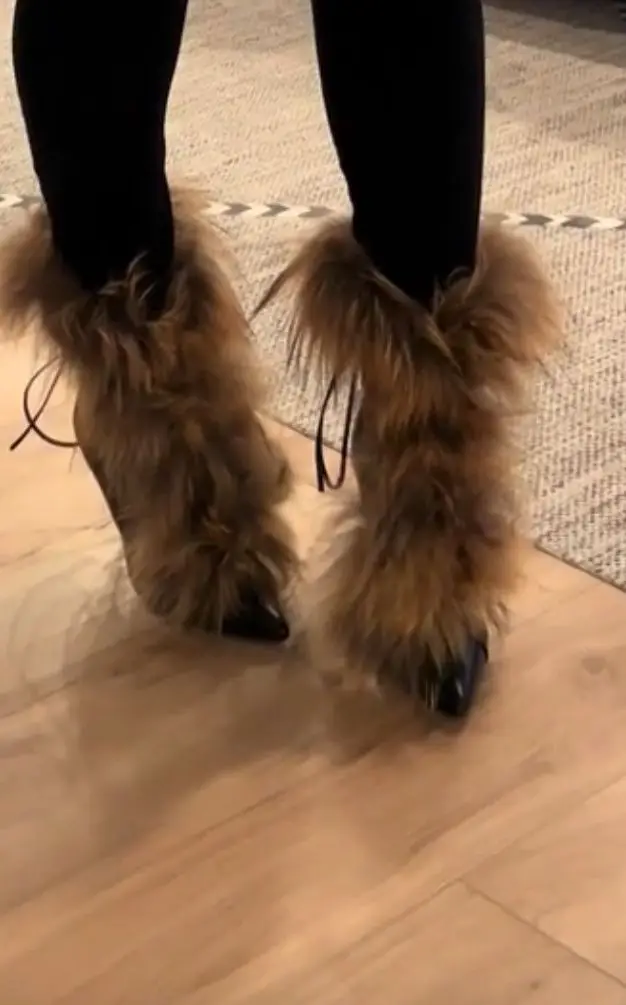 Women‘s black/White Real fur leather sexy boots pointy toe long hair lace up winter warm high quality calf boot big size shoes - view 2
