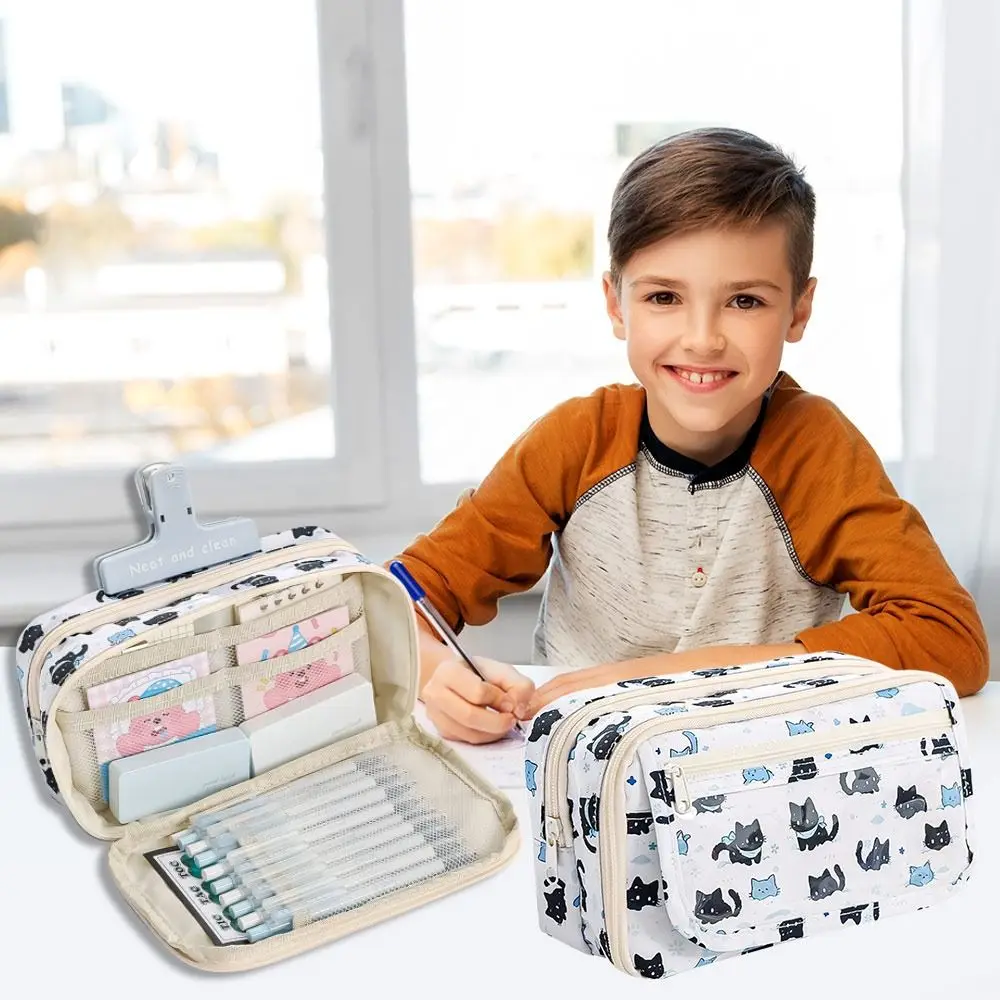 Schattige Flip Cover Etui Grote Capaciteit Canvas Briefpapier Opbergzakje Transparant Cartoon Kat Pen Box