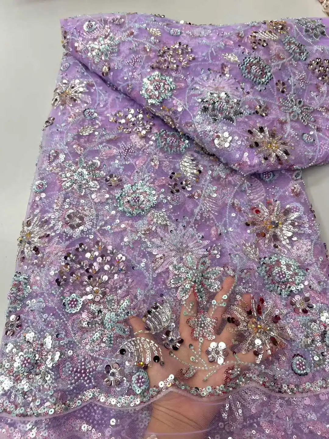 

High End African French Beads Tulle Lace 2025 Nigerian Luxury Sequins Embroidery Net Lace Fabric For Wedding Party Dress Sewing