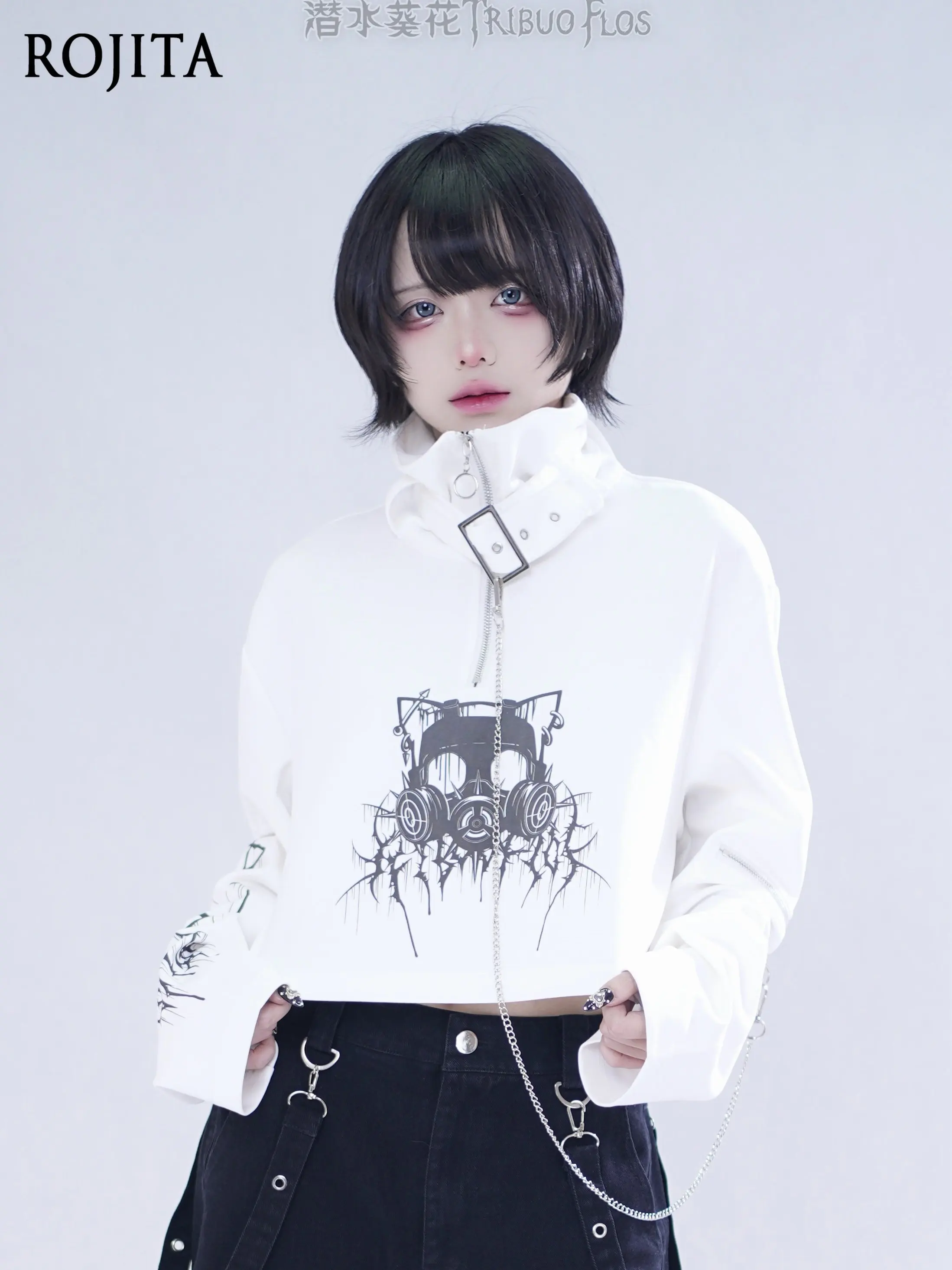 Turtleneck Spring and Summer Subculture Japanese Functional Style Jacket Metal Square Buckle Collar Cotton Long Sleeve Top