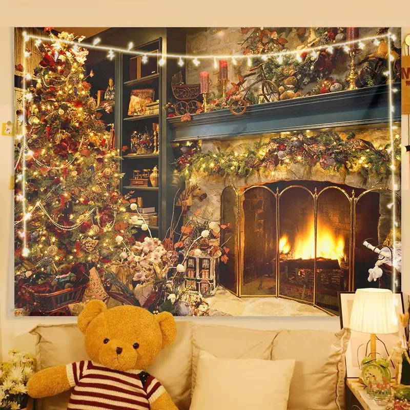 VIKAMA Wall Tapestry Golden Glowing Christmas Tree Snowy Winter Forest Wall Hanging Dorm Room Aesthetic Xmas Wall Art Festive