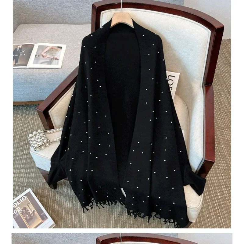 Autumn Winter Loose Mm Knitted Cardigan Mid-length Top Shawl Cape Sweater Jacket Tassel