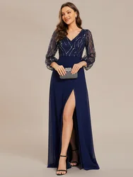 Ever Pretty sequin See-through Long Sleeves High Slit Chiffon A-Line party, prom, weddingEvening Dress