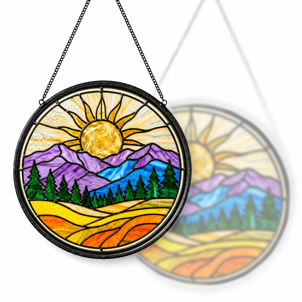 Stained Glass Suncatcher Round Tropical Sunset Beach Palm Tree Hibiscus Flower Window Hanging Decor Home Garden Gift