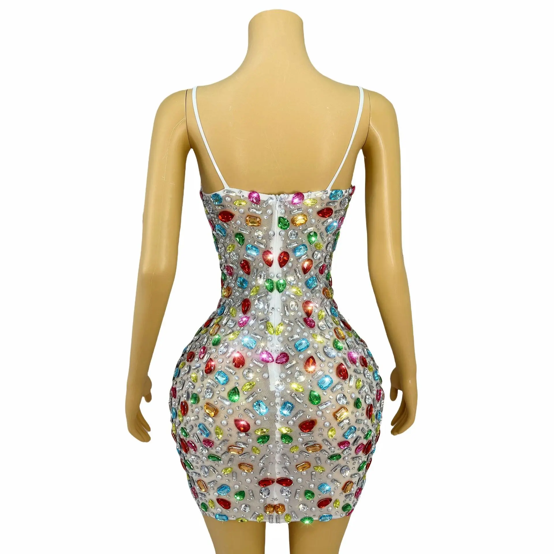Glamorous Diamond Suspender Birthday Party Dress Stage Performance Costume Sexy Halter Banquet Prom Butt Outfit Dazzling Dresses